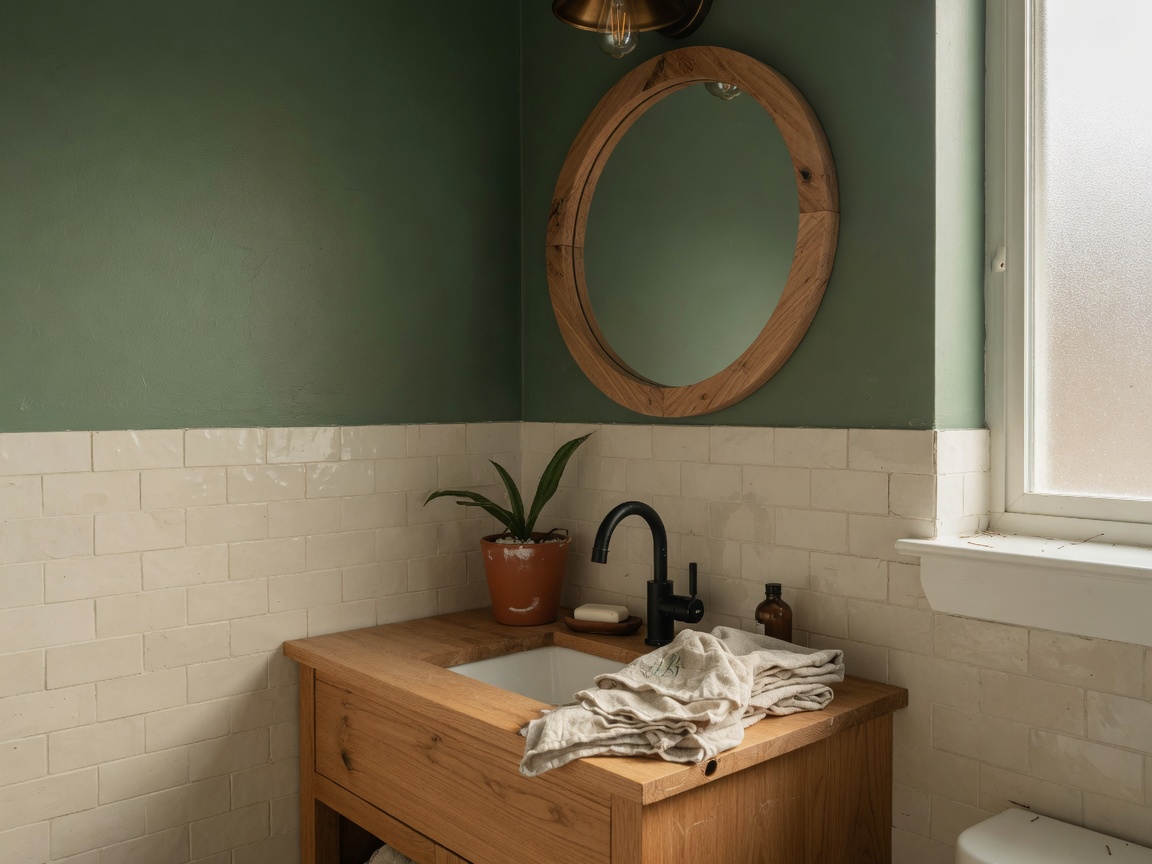 Bathroom update with oak vanity, cream tile, and forest-green walls in Battle Ground, Washington