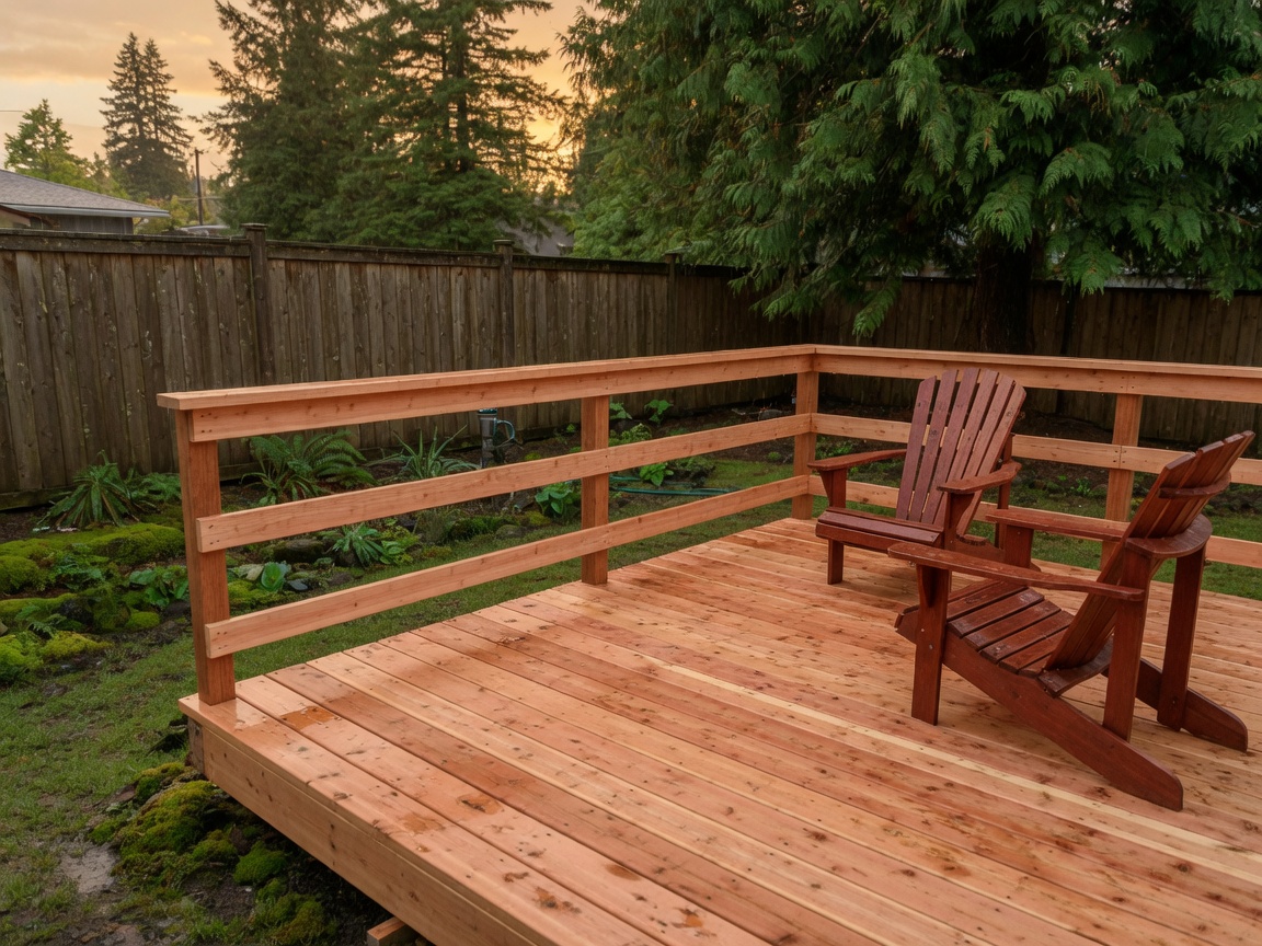 New cedar deck and rail in a Vancouver, Washington backyard at sunset