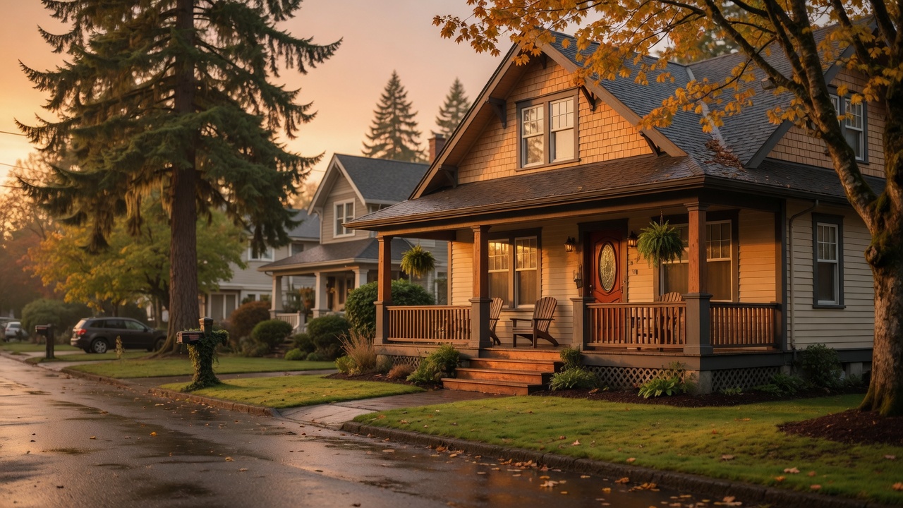 Craftsman home on a tree-lined Vancouver, Washington street at golden hour — the kind of Clark County house Northfork Home Pros cares for