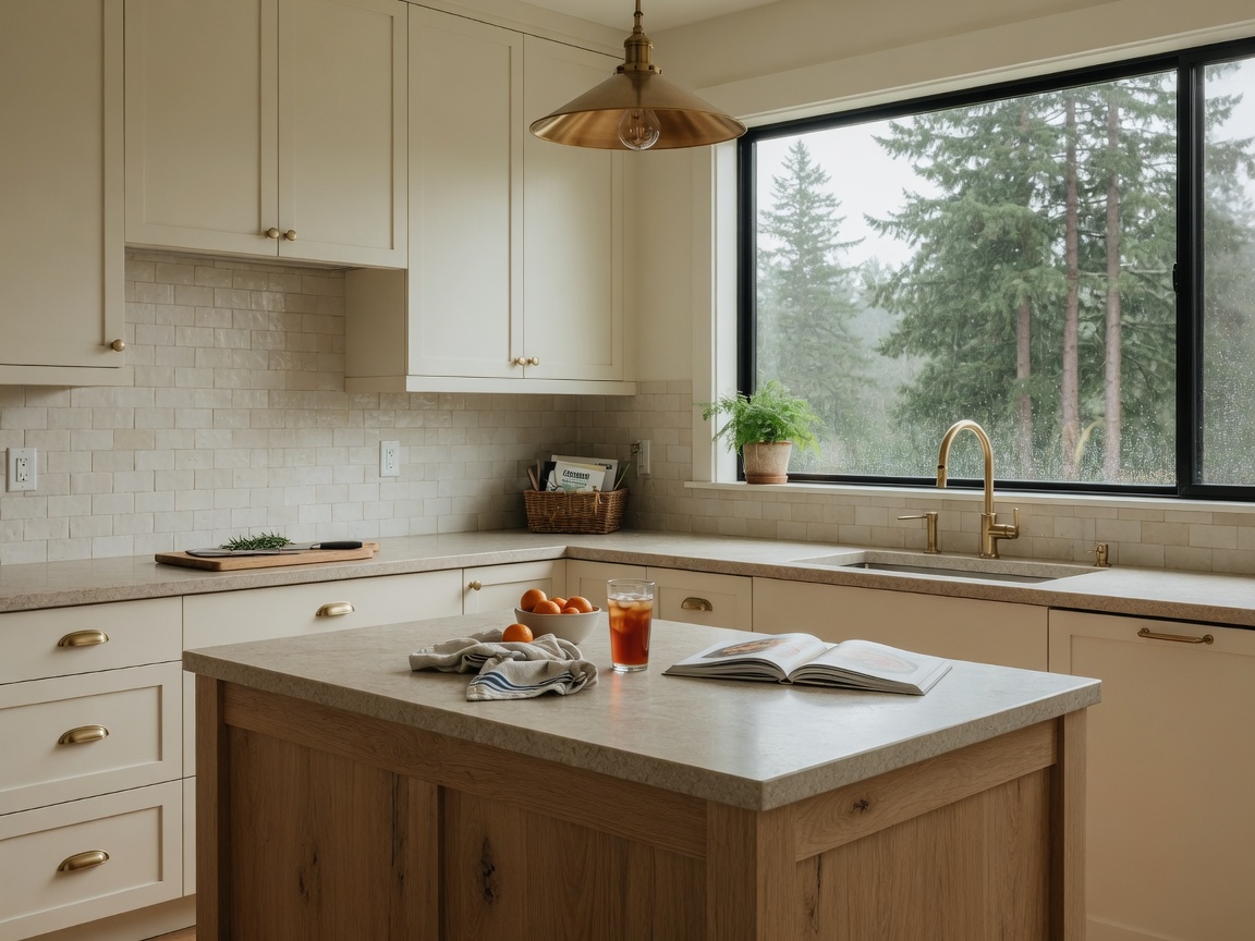 Cream shaker kitchen with a white-oak island and fir trees outside a Camas, Washington window
