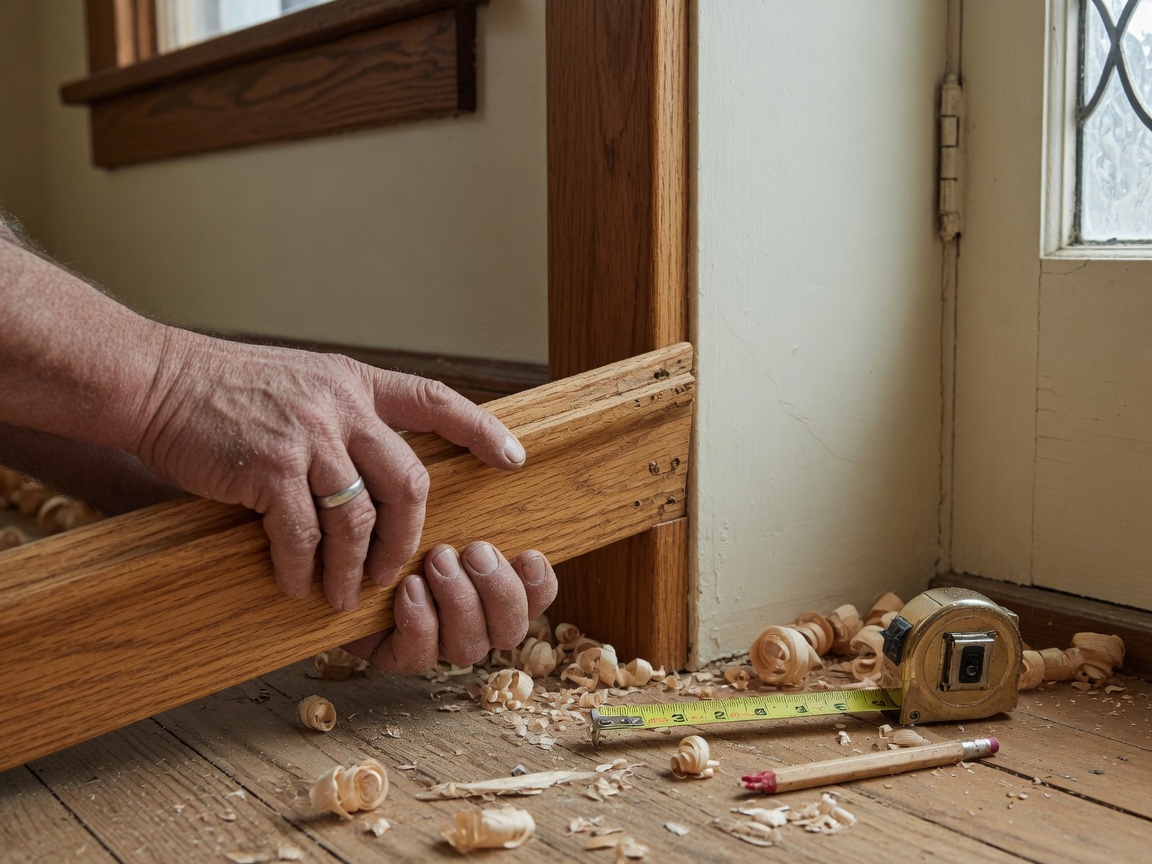 Craftsman’s hands fitting oak trim in a Clark County home