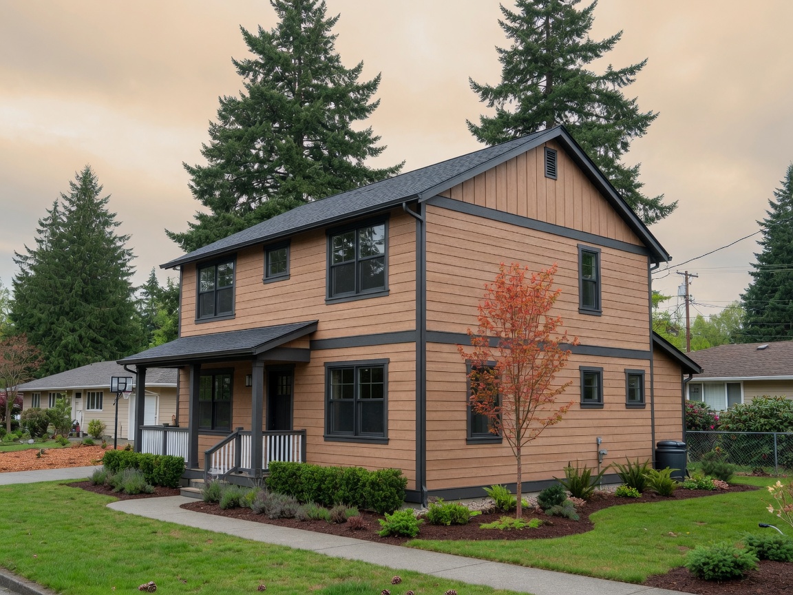 Two-story Ridgefield, Washington home with new warm cedar-tone siding and charcoal trim